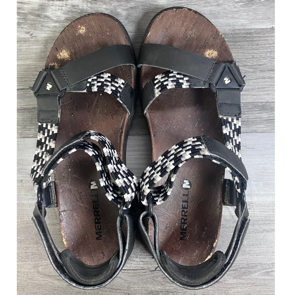 Merrell Womens Black White Checkered Leather Strappy Sandals J94148 Size 7